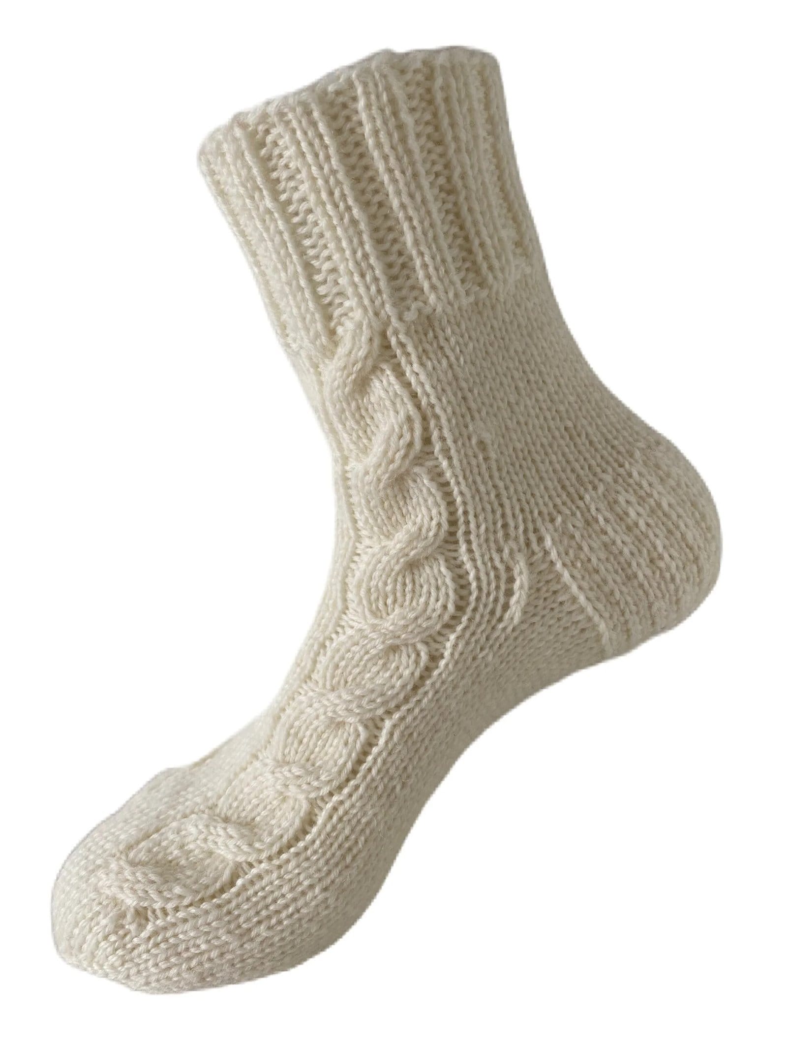 Hand Knit Women Wool Socks White - Braids